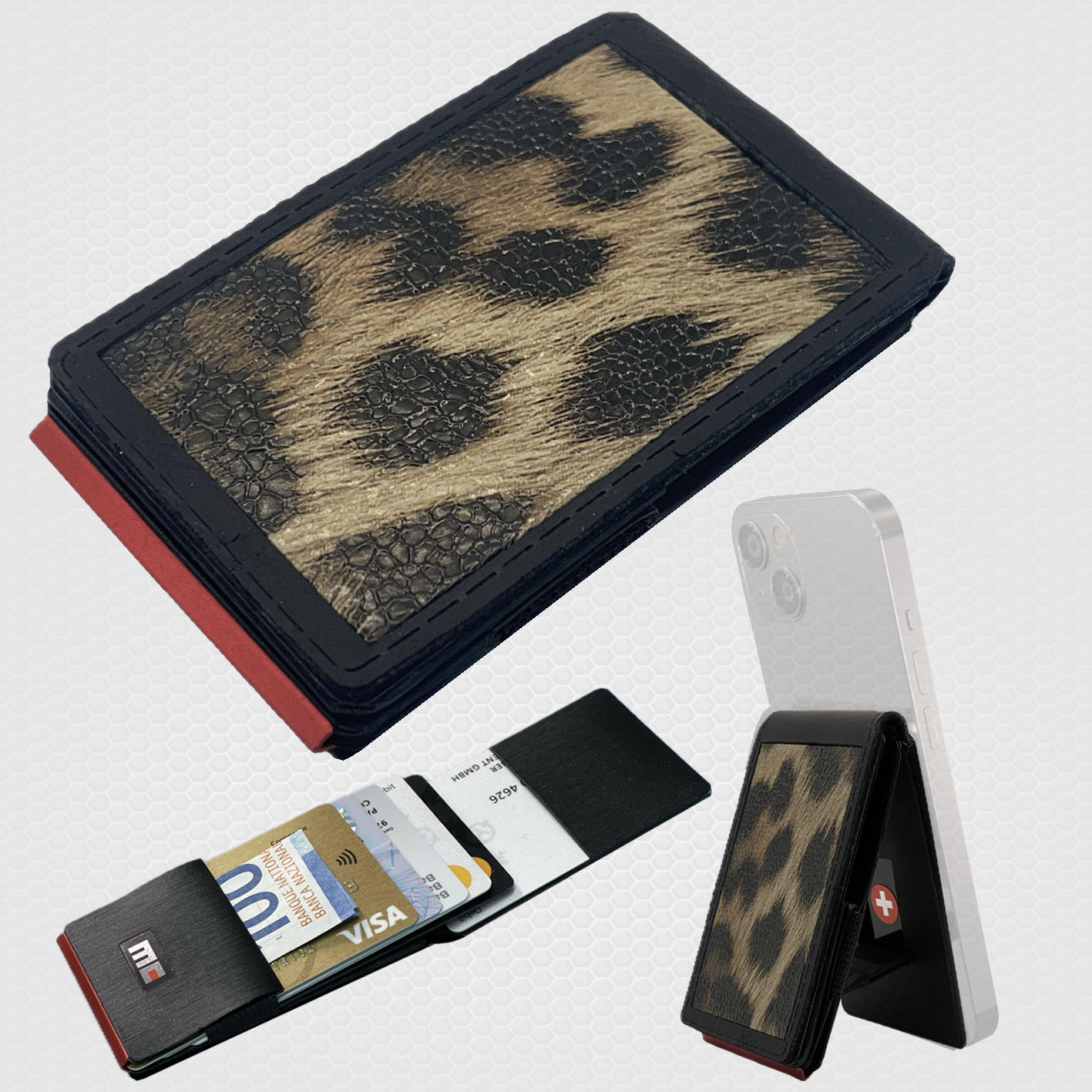 Magic Clip Wallet, leather leopard integrated, incl. metal plate